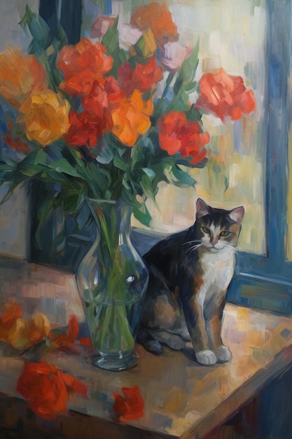 Een schilderij van een kat en een vaas met bloemen staan op een vensterbank.