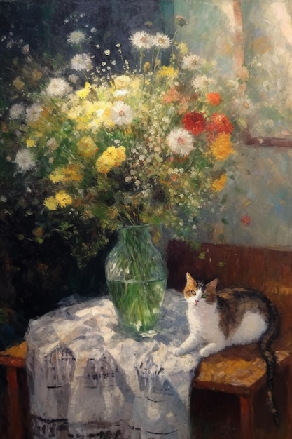 Een schilderij van een kat en een vaas met bloemen.