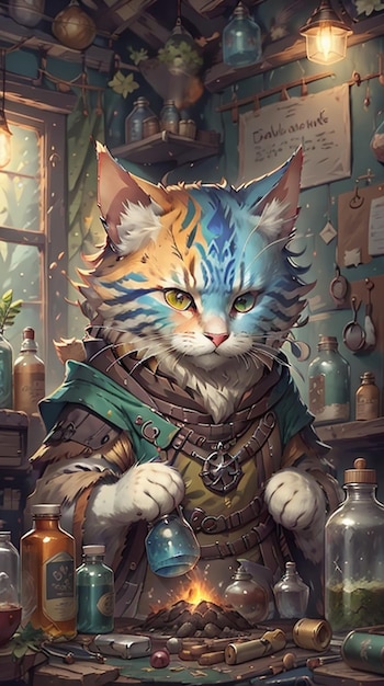 Een schilderij van een kat gekleed als een tovenaar