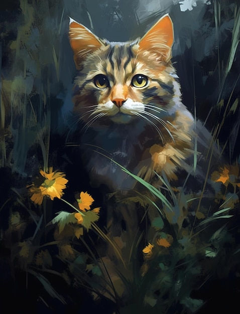 Een schilderij van een kat in een bloemenveld