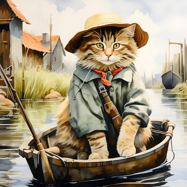 een schilderij van een kat in een boot met een hoed erop