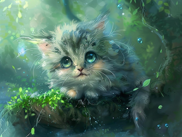 een schilderij van een kat met blauwe ogen en groene ogen