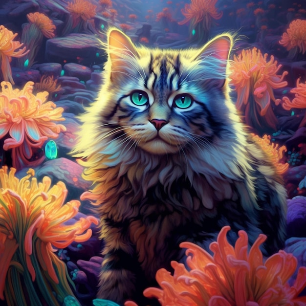 Een schilderij van een kat met blauwe ogen in een bloemenveld.