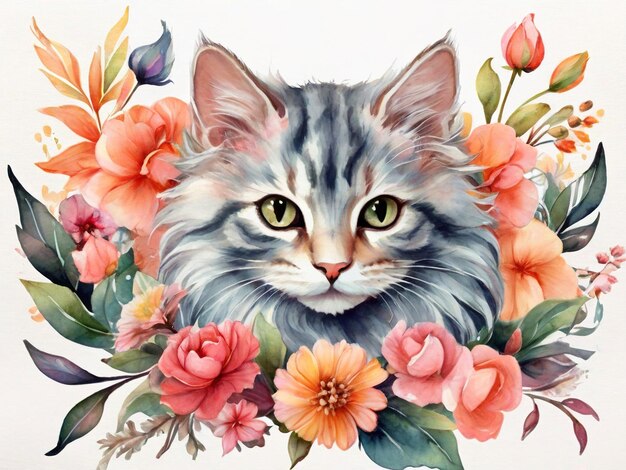 een schilderij van een kat met bloemen