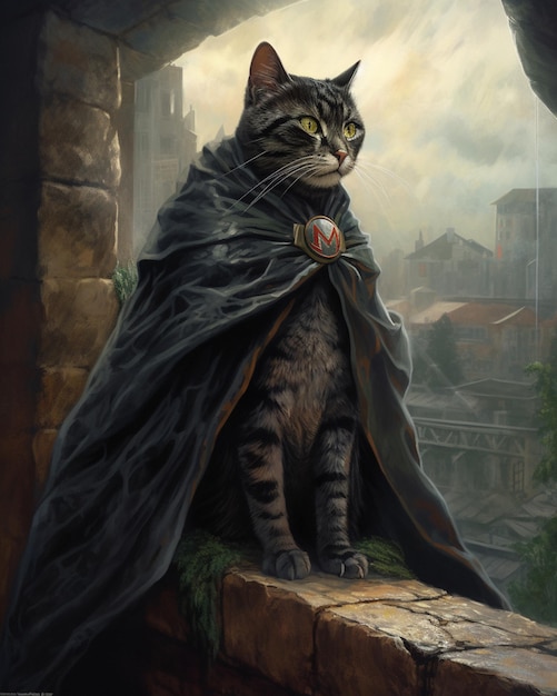 Een schilderij van een kat met een cape en een zwarte cape.