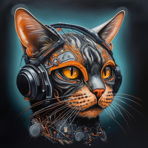 Foto een schilderij van een kat met een koptelefoon erop