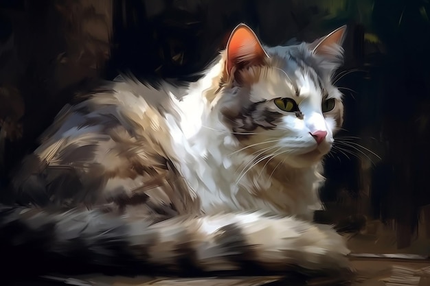 Een schilderij van een kat met een lichtgekleurde achtergrond.