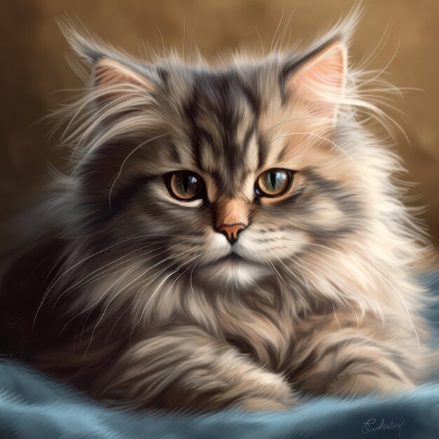 Een schilderij van een kat met groene ogen en een blauwe deken.