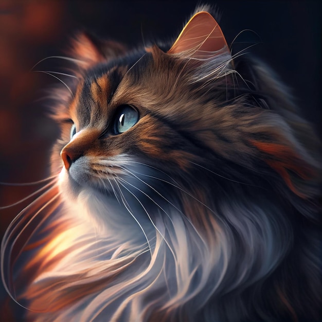Een schilderij van een kat met lange snorharen.