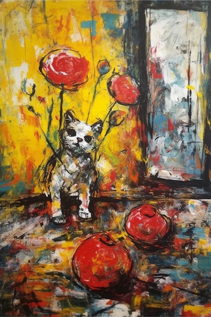 Een schilderij van een kat met rode bloemen op de grond