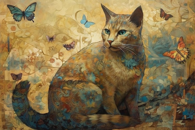 Een schilderij van een kat met vlinders erop