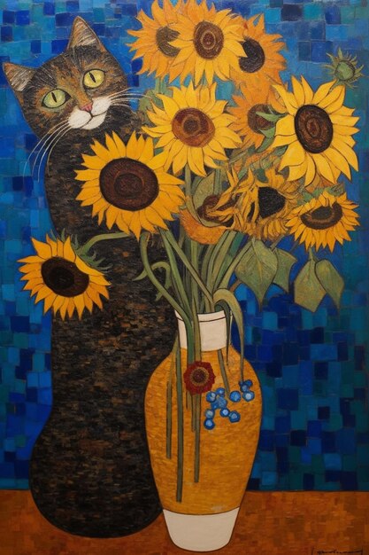 Een schilderij van een kat met zonnebloemen erin.