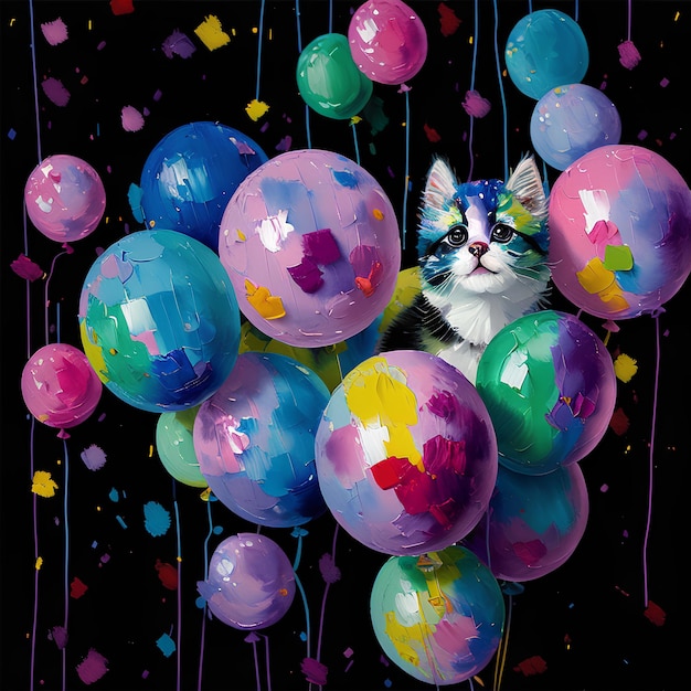 Een schilderij van een kat omringd door ballonnen.