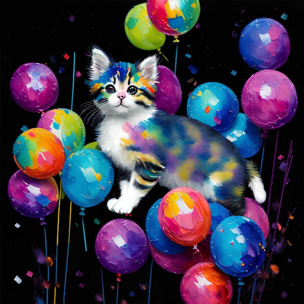 Een schilderij van een kat omringd door ballonnen