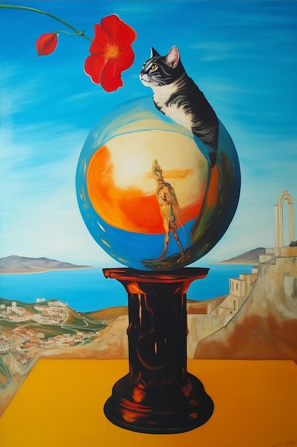 Foto een schilderij van een kat op een wereldbol met een rode bloem erop.