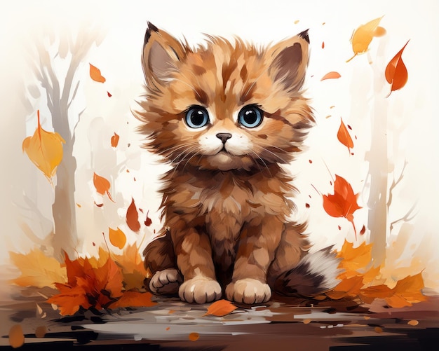 een schilderij van een katje dat in de herfstbladeren zit