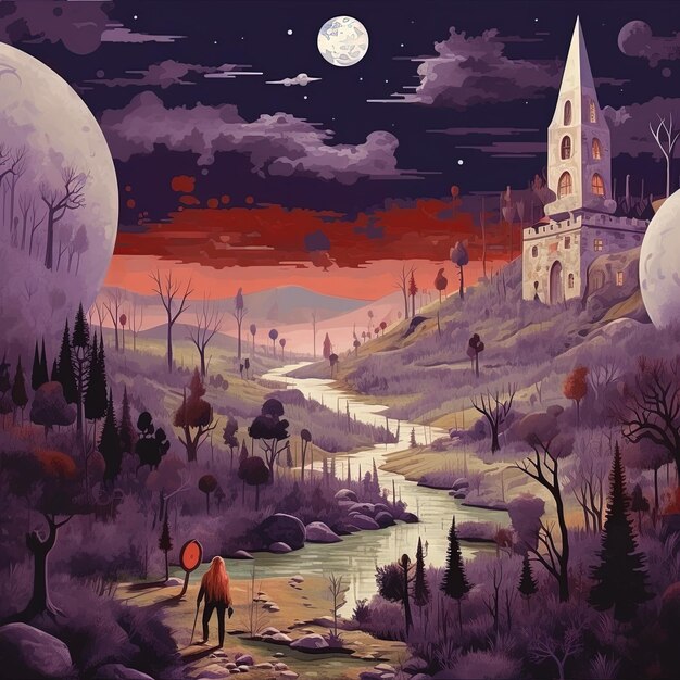 een schilderij van een kerk met een man en een vrouw die op een heuvel lopen met een maan op de achtergrond