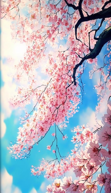 Een schilderij van een kersenbloesemboom met de lucht op de achtergrond
