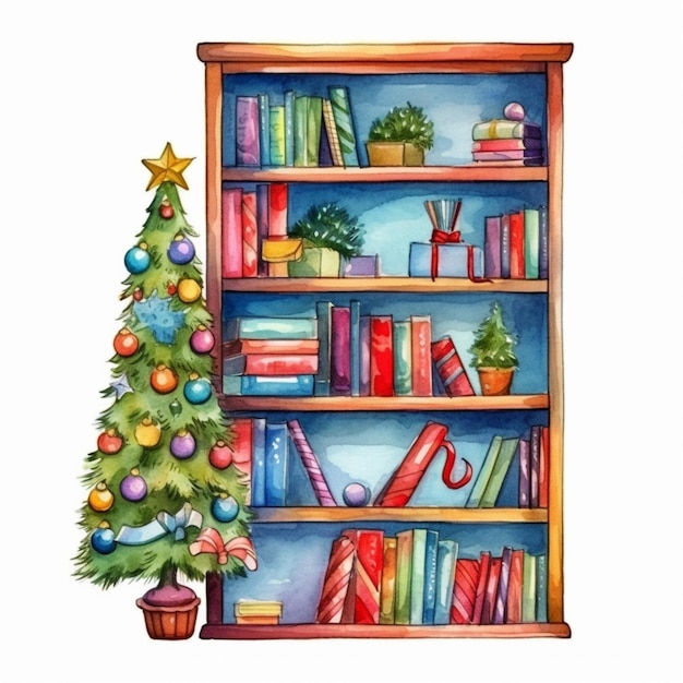 Een schilderij van een kerstboom en een boekenplank met een kerst boom generatieve ai