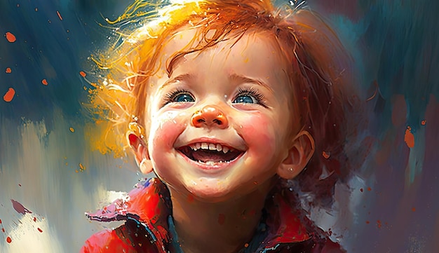 Een schilderij van een kind met rood haar en rode ogen
