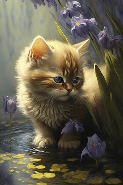 Een schilderij van een kitten in een plas bloemen