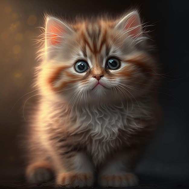 Een schilderij van een kitten met blauwe ogen en een zwarte achtergrond.