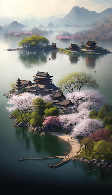 Een schilderij van een klein eiland met een klein eiland omgeven door kersenbloesems.