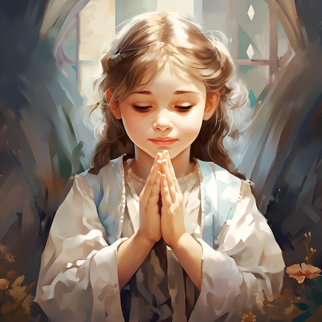 een schilderij van een klein meisje dat bidt met de woorden "god" op het raam.
