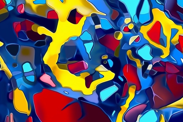 Een schilderij van een kleurrijk abstract ontwerp met een blauwe achtergrond.