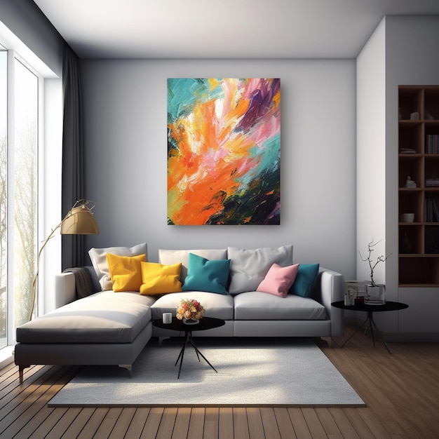 een schilderij van een kleurrijk abstract schilderij hangt op een witte muur