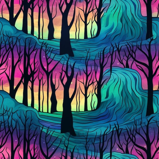 Een schilderij van een kleurrijk bos met een stroom van water generatieve ai