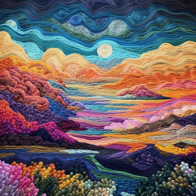 Een schilderij van een kleurrijk landschap met een rivier en bergen generatieve ai
