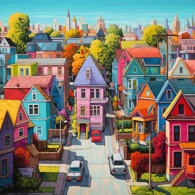 een schilderij van een kleurrijke huizen met een auto geparkeerd op straat.