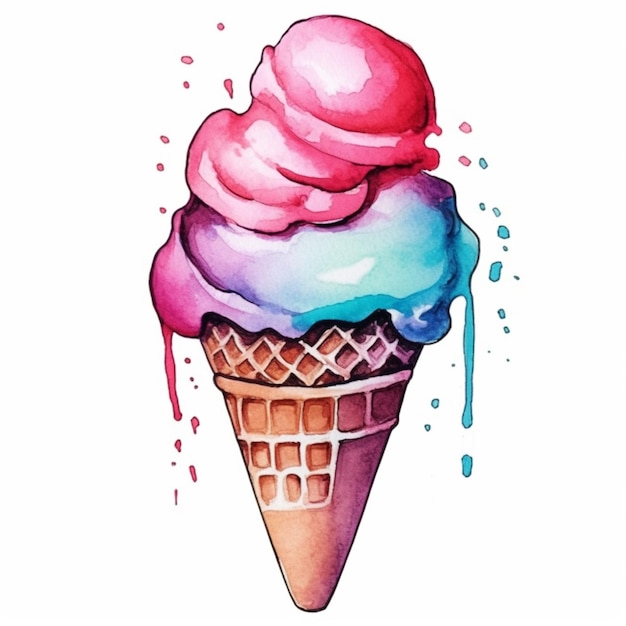 een schilderij van een kleurrijke ijsje kegel met een sprinkle van blauw en roze generatieve ai