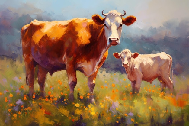 Een schilderij van een koe en haar kalf in een bloemenveld.