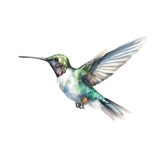 Een schilderij van een kolibrie met groene en witte veren.