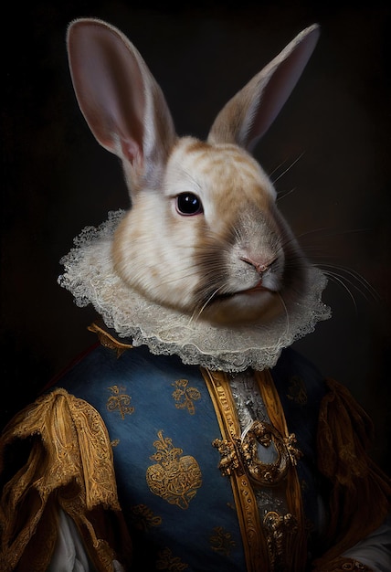 Een schilderij van een konijn in een blauwe jas met een witte kraag.