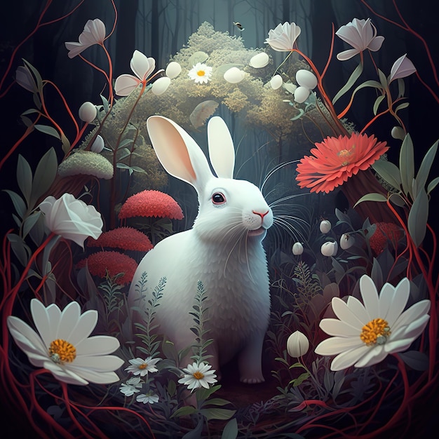 Een schilderij van een konijn in een bos met bloemen en een rode bloem.