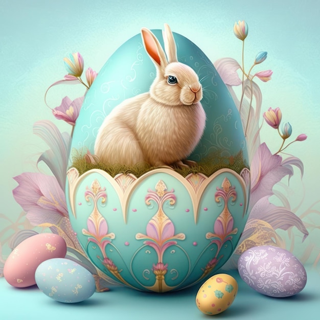 Een schilderij van een konijn in een ei.