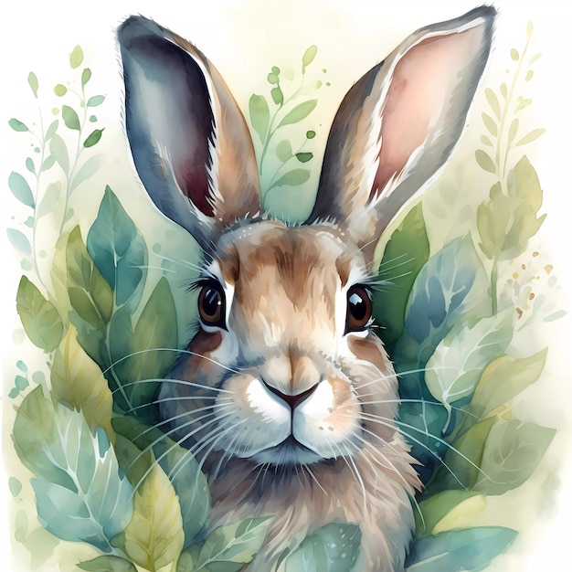 Een schilderij van een konijn met een bruin gezicht en oren.