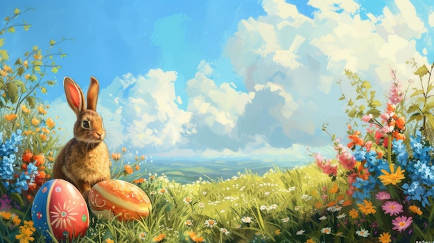 Een schilderij van een konijn omringd door paaseieren en bloemen in een natuurlijk landschap