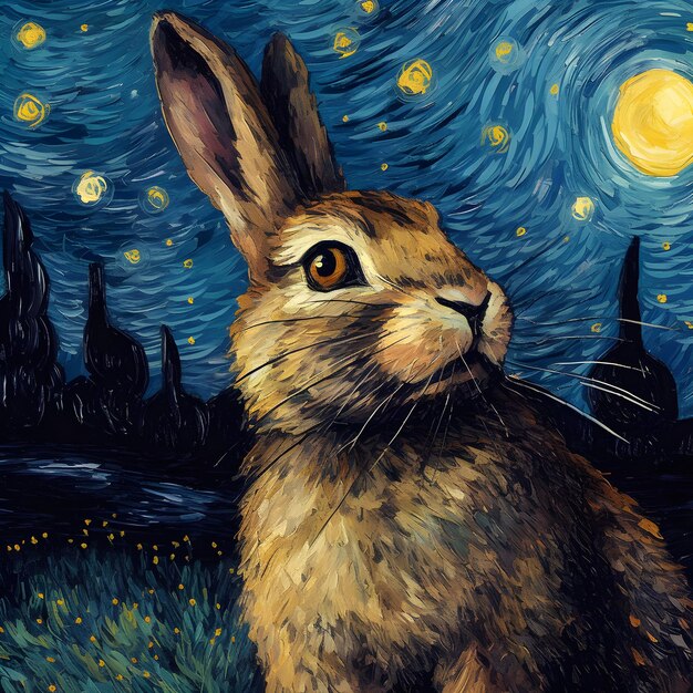 Een schilderij van een konijn voor een sterrenhemel.