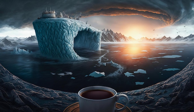 Een schilderij van een kop koffie met uitzicht op een bevroren ijsberg.