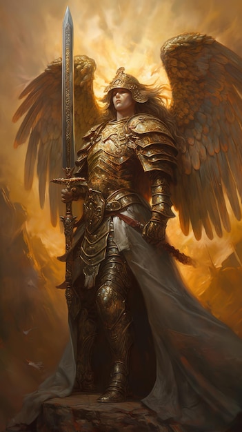 Een schilderij van een krijger met vleugels en een zwaard.