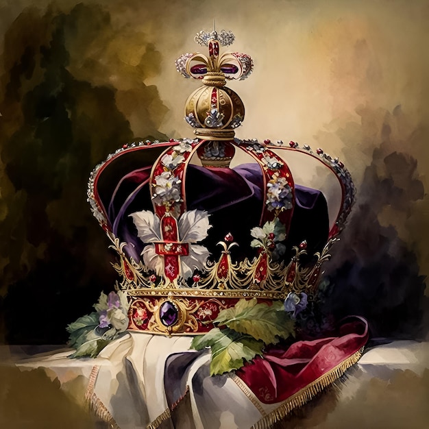 Een schilderij van een kroon met een paars kleed en een paars kleed met een bloem erop.