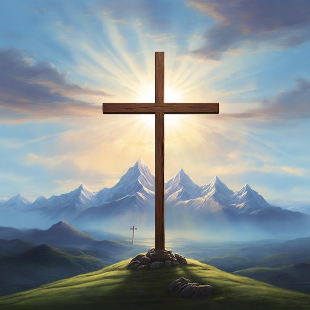 een schilderij van een kruis met de zon die over de bergen schijnt
