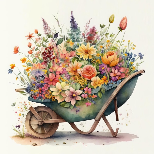 Een schilderij van een kruiwagen met bloemen en een groot boeket bloemen.