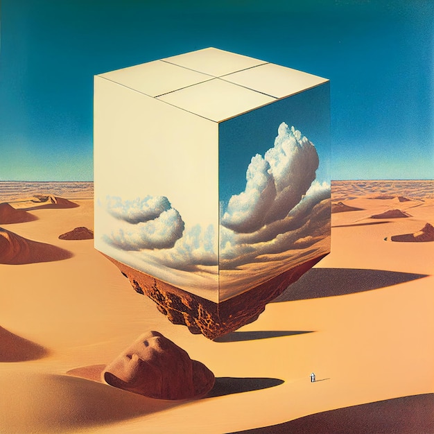 Een schilderij van een kubus met wolken erop