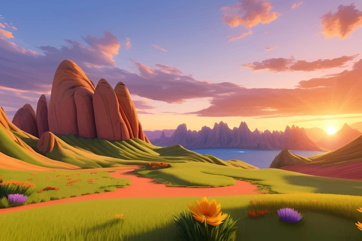 Foto een schilderij van een landschap met bergen en een zonsondergang