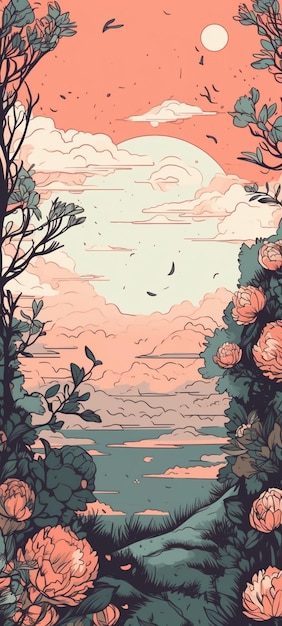 Een schilderij van een landschap met bloemen en een lucht met wolken.